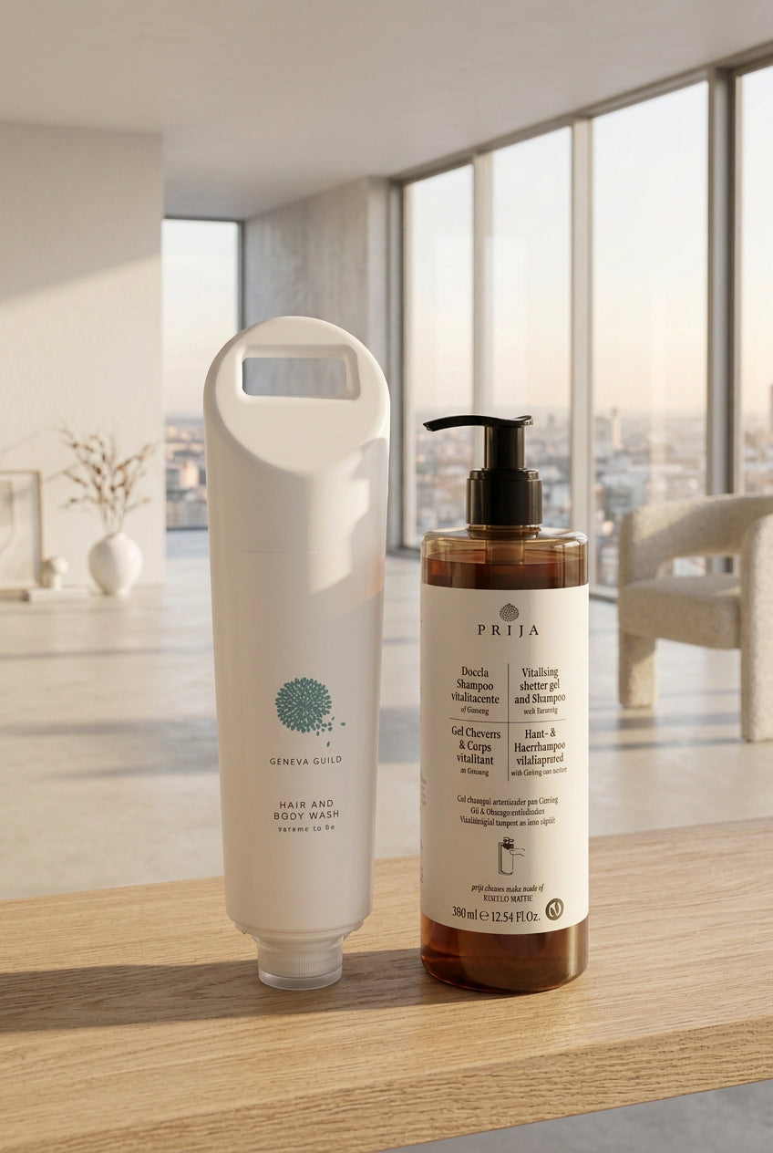 Daily Shower Pair bundle: PRIJA Ginseng Shower Gel and Shampoo with Geneva Guild Hair and Body Wash