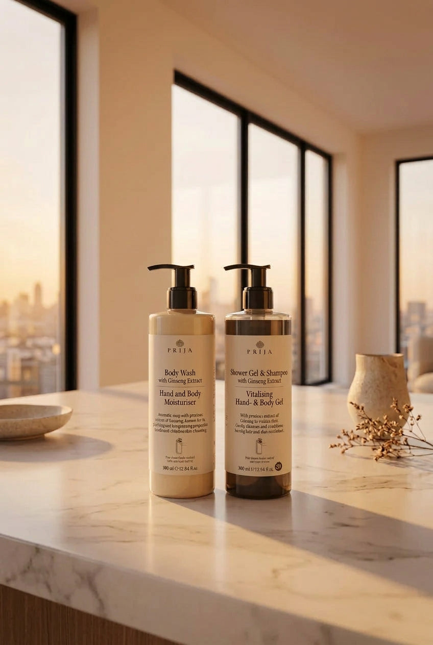 Shower and Moisturise bundle: PRIJA Ginseng Shower Gel and Shampoo with PRIJA Hands and Body Moisturiser